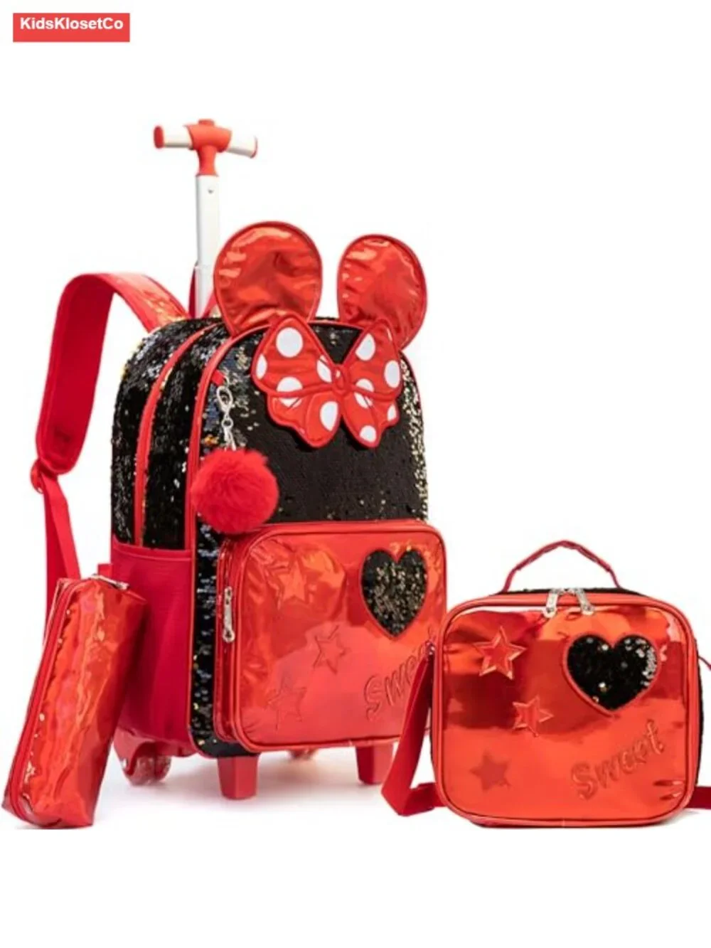 Rolling Backpack for Girls with Lunch Box, 4 Wheels, Nylon, Lightweight, School